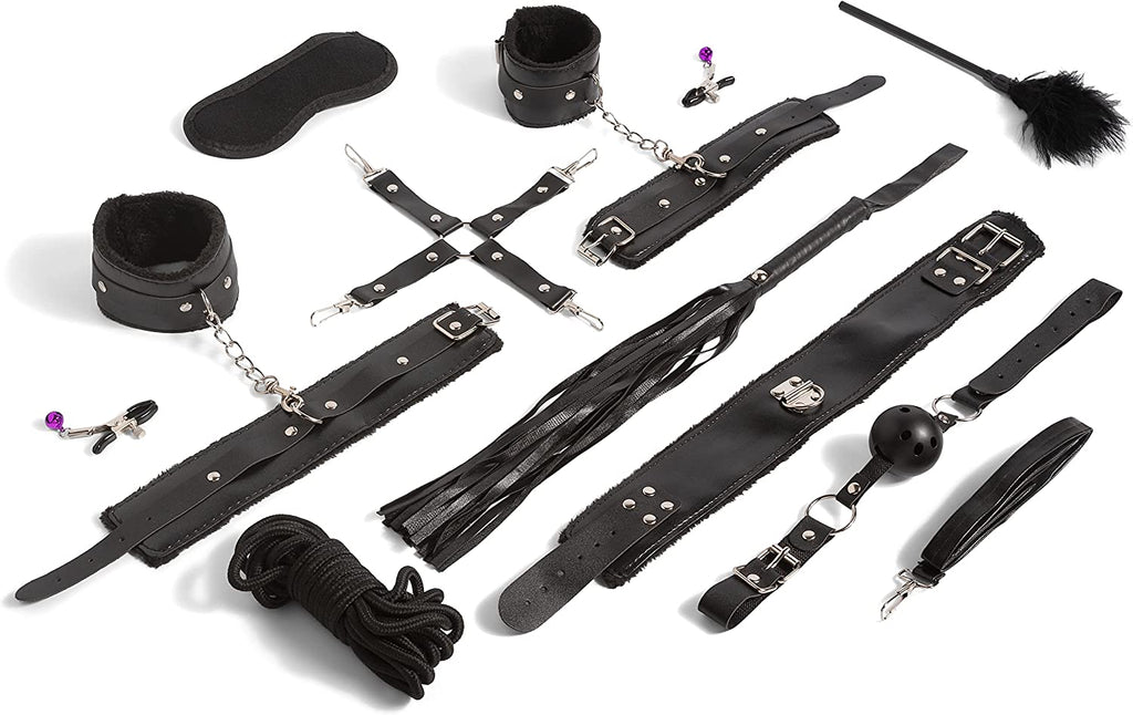 BDSM Leather Bondage for Beginners Kit - Adjustable Bed Restraints, Blindfold, Nipple Clamps, Fetish Whip, Ball Gag, Furry Handcuffs - Kinky Adult Sex